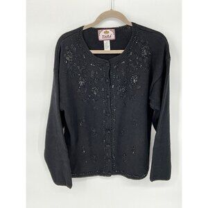 Black Embellished‎ Tiara International Sweater Cardigan L Ramie & Cotton Womens